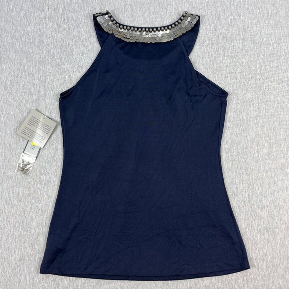 Anne Klein Sleeveless Top Womens L Navy Blue Silk Nylon Round Neck Metal Sequins - Picture 4 of 14